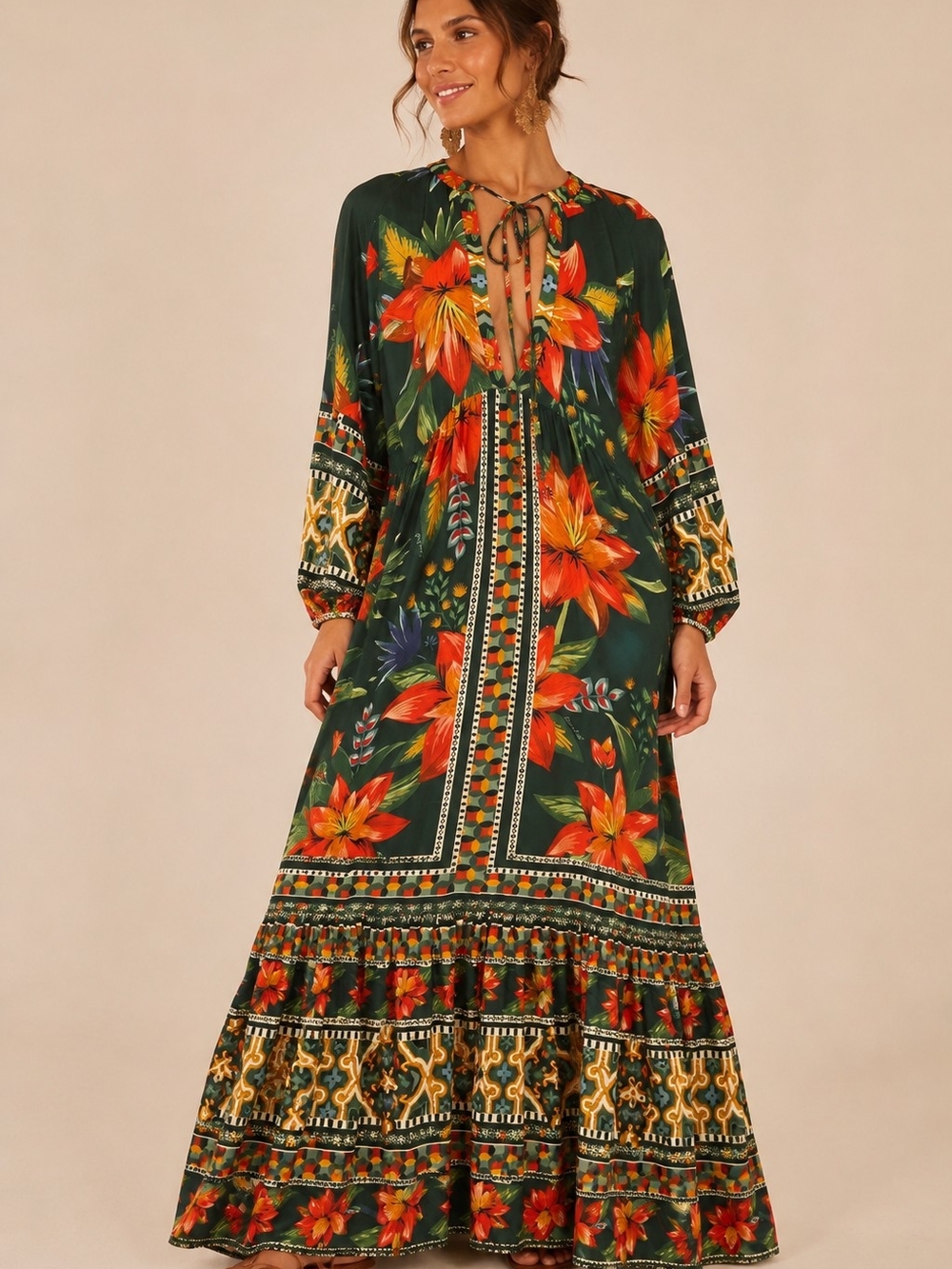 FARM Rio Green Tropical Floral V Neck Long Sleeve Maxi Dress XL / Brazil GG